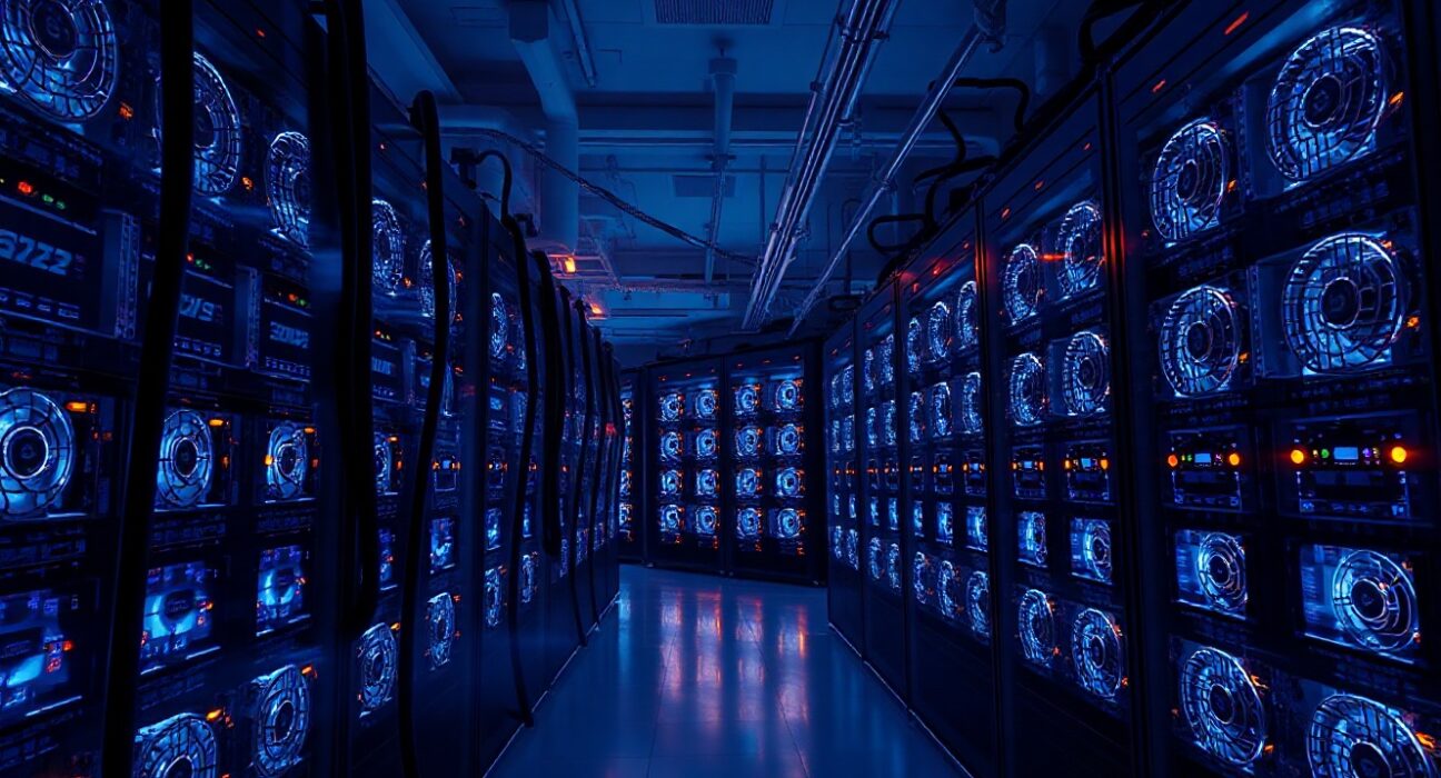 Interior view of a large cryptocurrency mining facility with glowing server racks