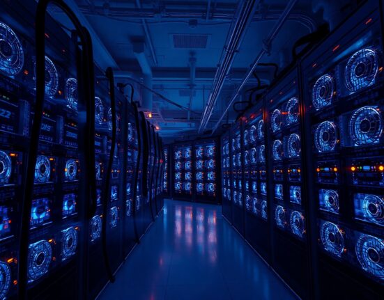 Interior view of a large cryptocurrency mining facility with glowing server racks
