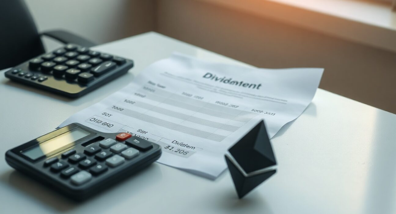 Bitmine dividend schedule document with Ethereum symbol on office desk