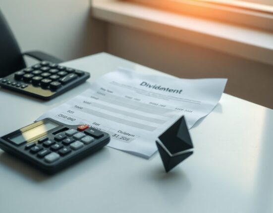 Bitmine dividend schedule document with Ethereum symbol on office desk