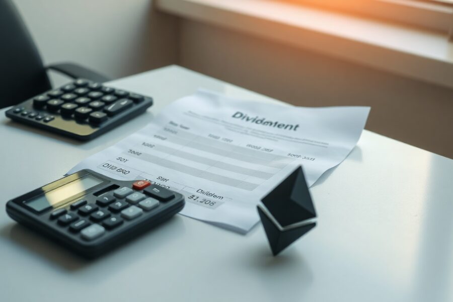 Bitmine dividend schedule document with Ethereum symbol on office desk
