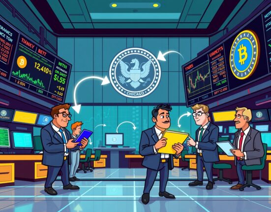 Cartoon illustration of Bitnomial CFTC approval enabling a new regulated crypto prediction market.