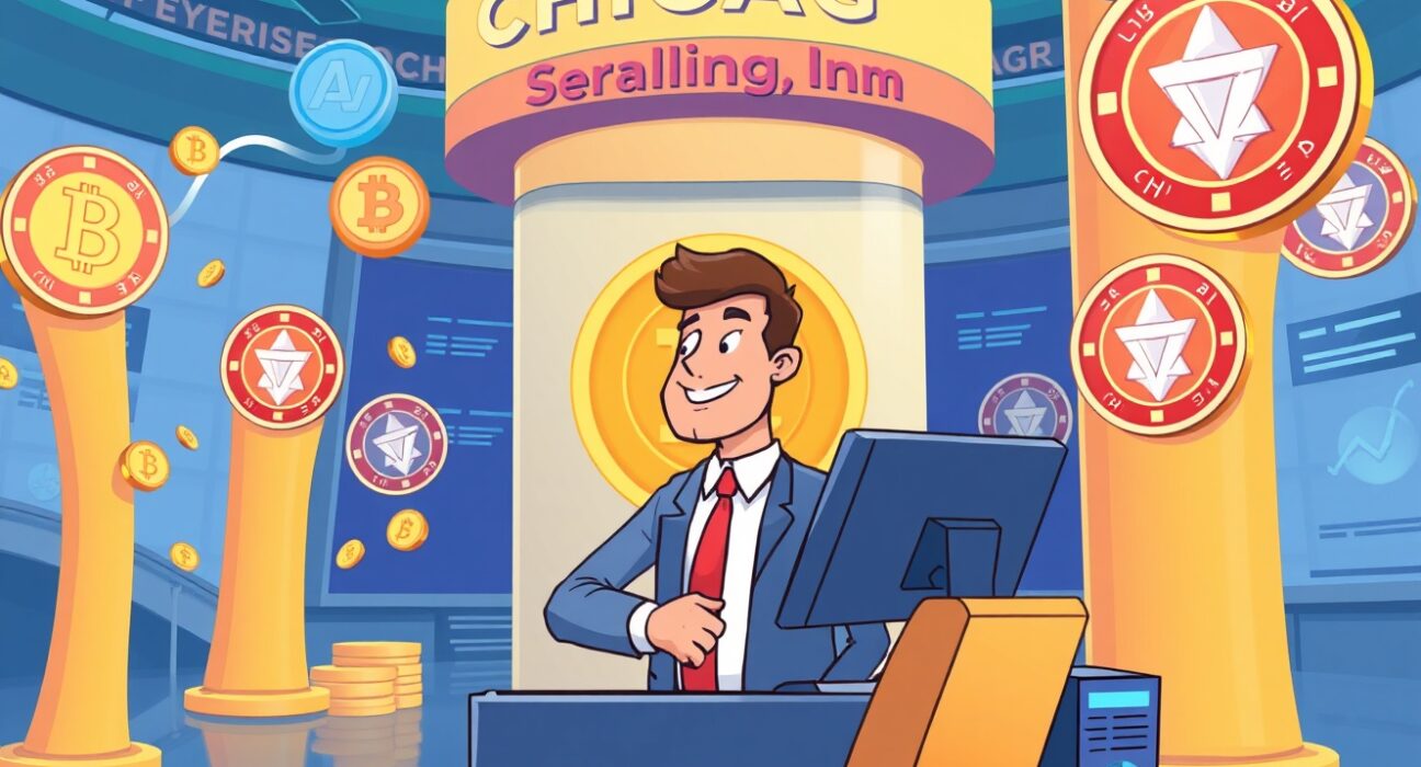 A vibrant cartoon of the first CFTC-regulated spot crypto exchange facilitating secure digital asset trading.