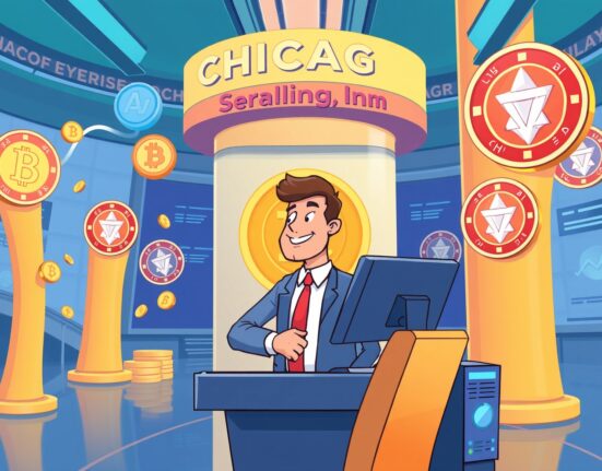 A vibrant cartoon of the first CFTC-regulated spot crypto exchange facilitating secure digital asset trading.