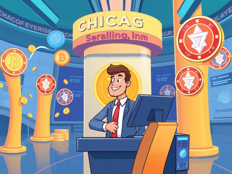 A vibrant cartoon of the first CFTC-regulated spot crypto exchange facilitating secure digital asset trading.