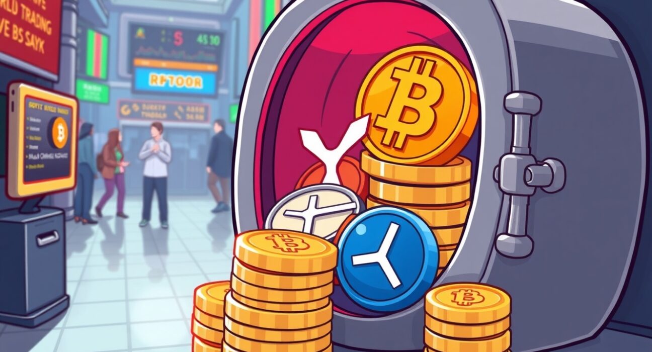 A cartoon illustration showing digital assets like RLUSD and XRP being securely held as crypto margin collateral within a regulated exchange, signifying institutional adoption.