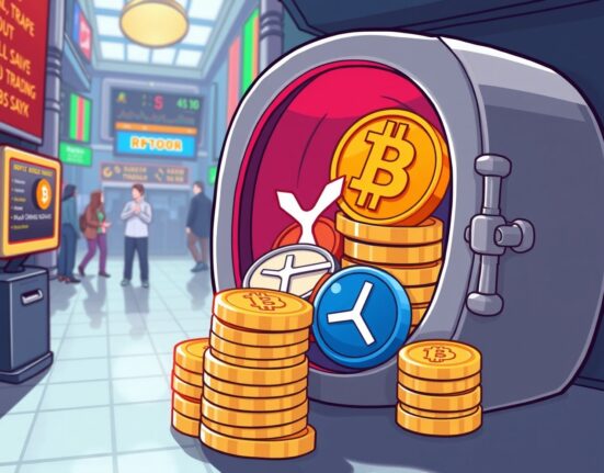 A cartoon illustration showing digital assets like RLUSD and XRP being securely held as crypto margin collateral within a regulated exchange, signifying institutional adoption.