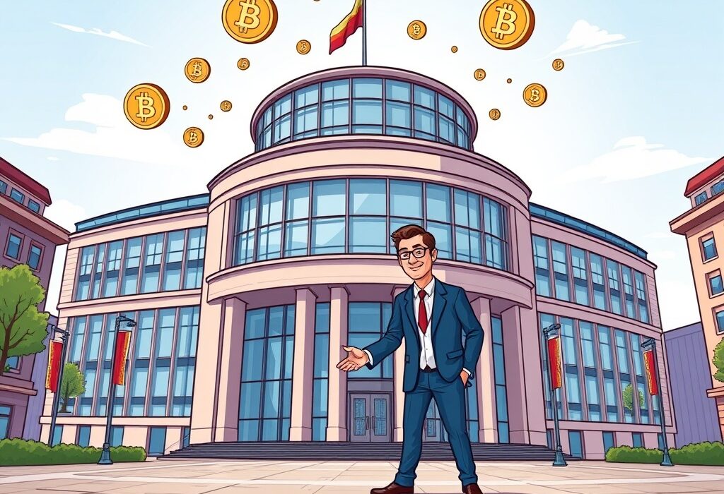 A vibrant cartoon illustrating the Bitpanda Frankfurt listing preparations and a significant leadership transition, symbolizing growth in the crypto brokerage sector.