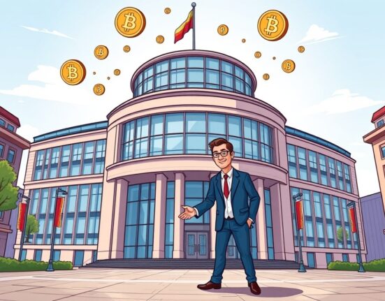 A vibrant cartoon illustrating the Bitpanda Frankfurt listing preparations and a significant leadership transition, symbolizing growth in the crypto brokerage sector.
