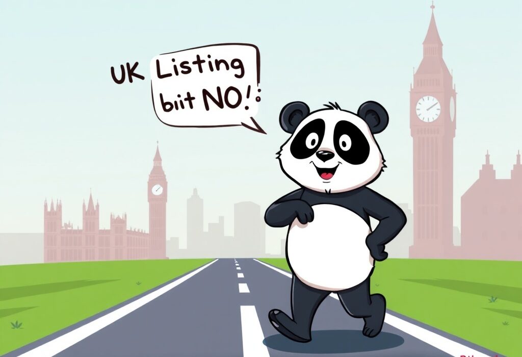 A cartoon panda, representing Bitpanda, declines a Bitpanda UK listing opportunity, turning away from London landmarks.