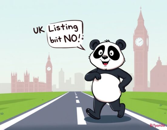 A cartoon panda, representing Bitpanda, declines a Bitpanda UK listing opportunity, turning away from London landmarks.