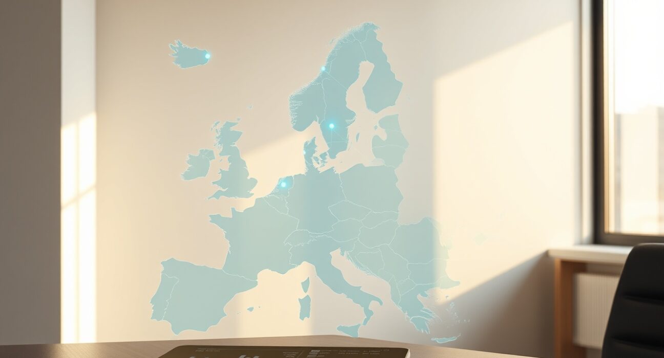 Bitpanda's Vision Chain blockchain network visualized over a map of Europe, representing EU regulatory compliance.