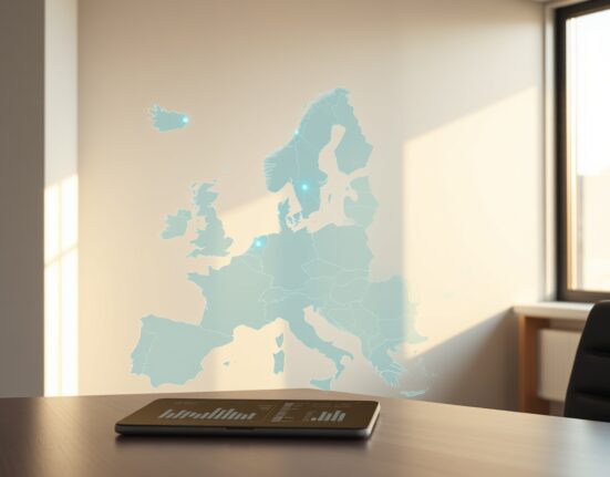 Bitpanda's Vision Chain blockchain network visualized over a map of Europe, representing EU regulatory compliance.