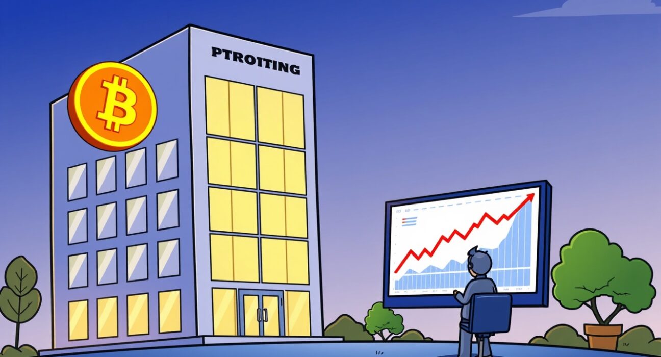 A vibrant cartoon showing a corporate entity confidently holding a large Bitcoin symbol, representing Bitplanet Bitcoin holdings.