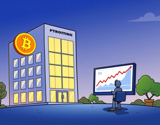 A vibrant cartoon showing a corporate entity confidently holding a large Bitcoin symbol, representing Bitplanet Bitcoin holdings.