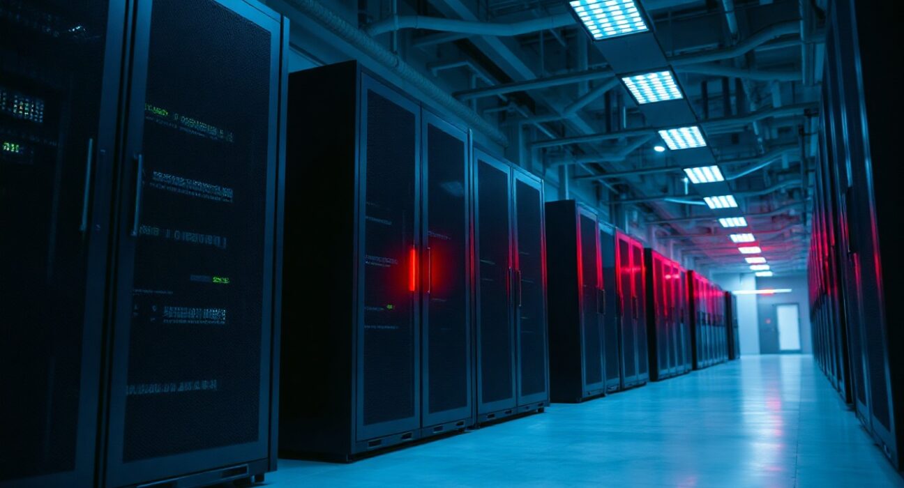 Server room with a red warning light on a server rack, symbolizing a cybersecurity breach.