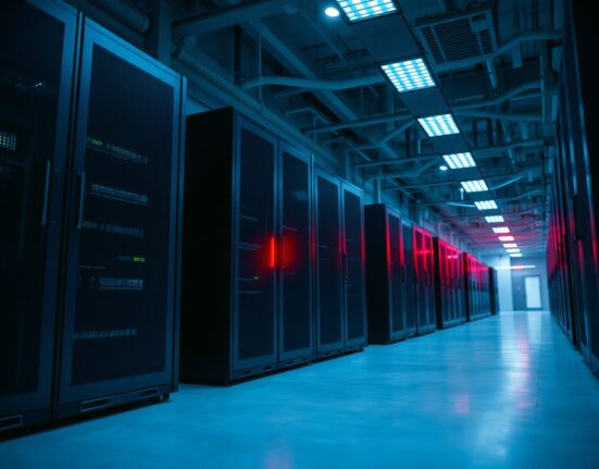Server room with a red warning light on a server rack, symbolizing a cybersecurity breach.