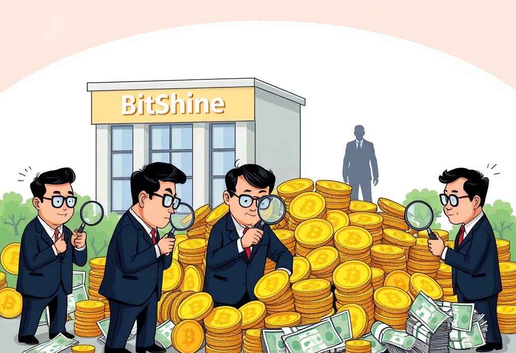 Cartoon showing investigators examining a large sum of money and crypto, representing the BitShine money laundering investigation.