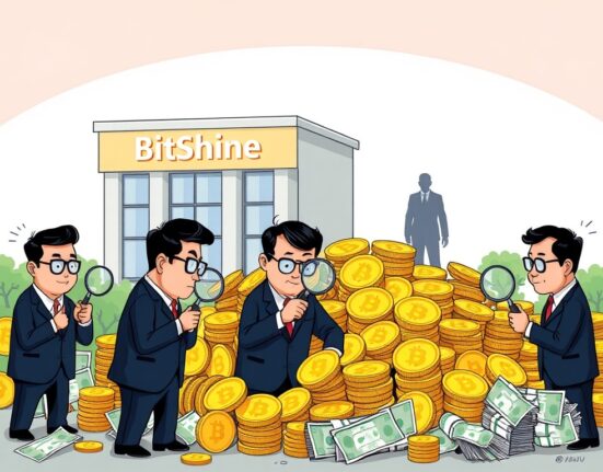 Cartoon showing investigators examining a large sum of money and crypto, representing the BitShine money laundering investigation.