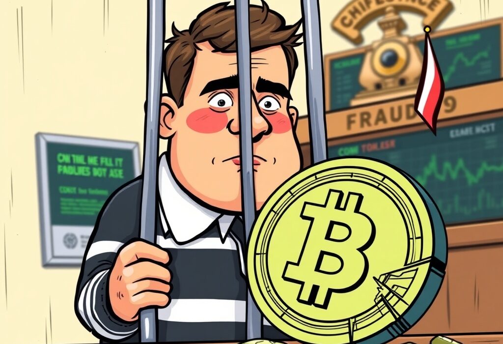 Cartoon illustration depicting the Bitsonic CEO sentence, symbolizing crypto exchange fraud and token manipulation.