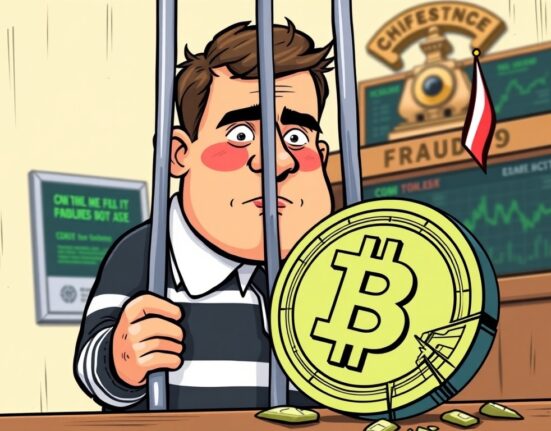 Cartoon illustration depicting the Bitsonic CEO sentence, symbolizing crypto exchange fraud and token manipulation.