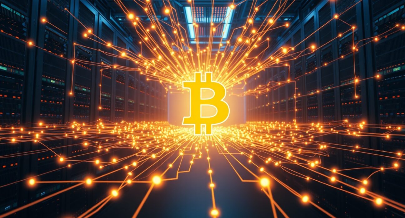 Digital network visualization representing Bitcoin's hashrate compared to supercomputers