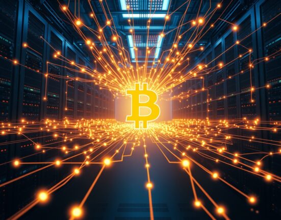 Digital network visualization representing Bitcoin's hashrate compared to supercomputers