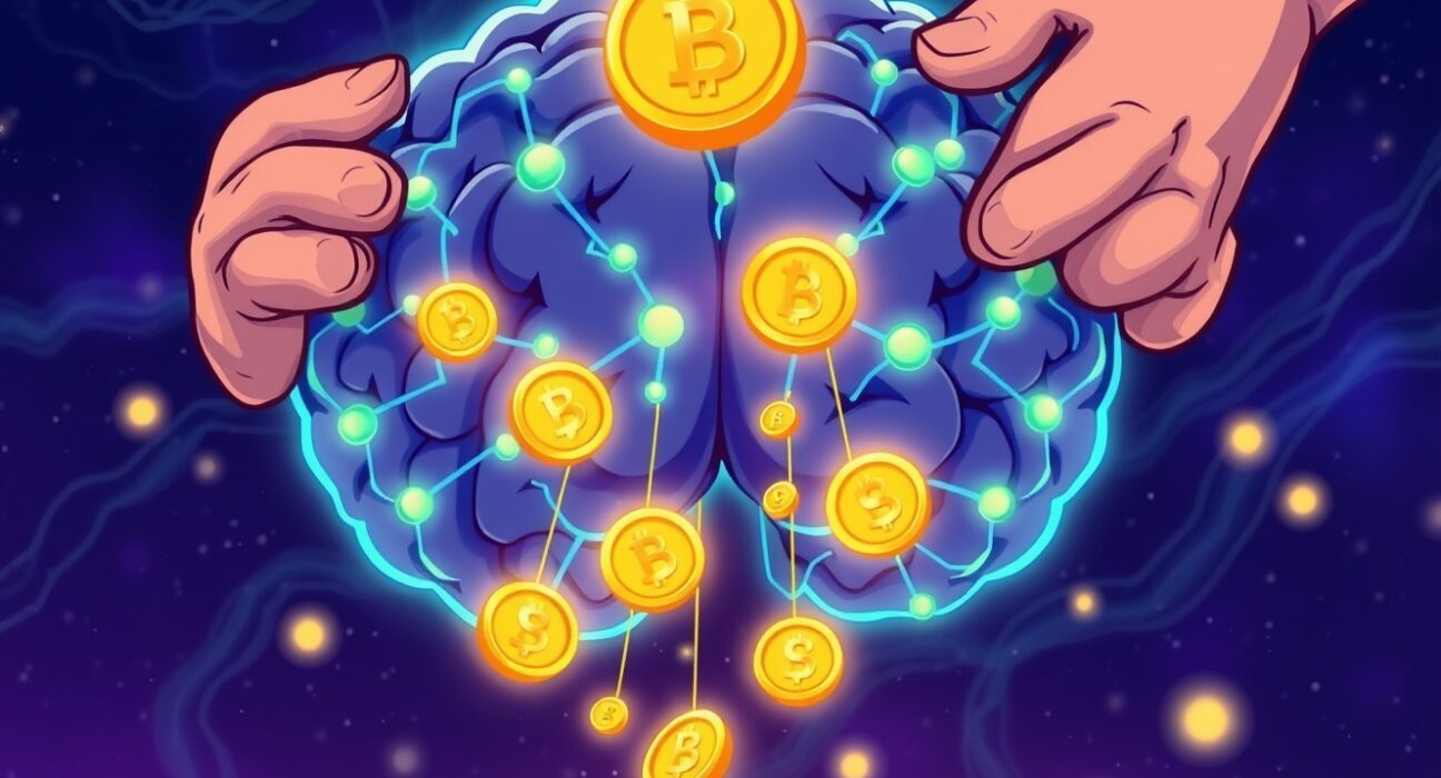 Cartoon illustration of the Bittensor halving event reducing digital coin flow from a neural network.