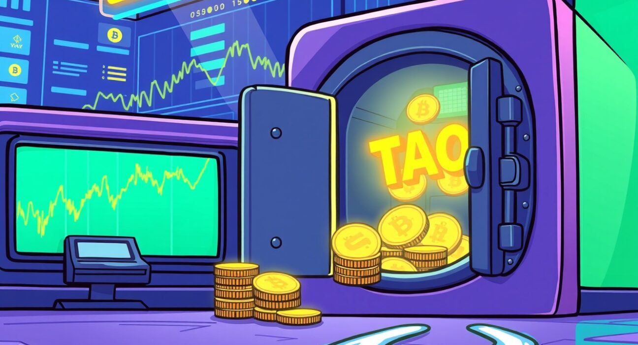 Cartoon illustration showing secure digital assets and staking rewards flowing into a fund, representing the Bittensor Staked TAO ETP.