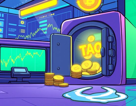 Cartoon illustration showing secure digital assets and staking rewards flowing into a fund, representing the Bittensor Staked TAO ETP.