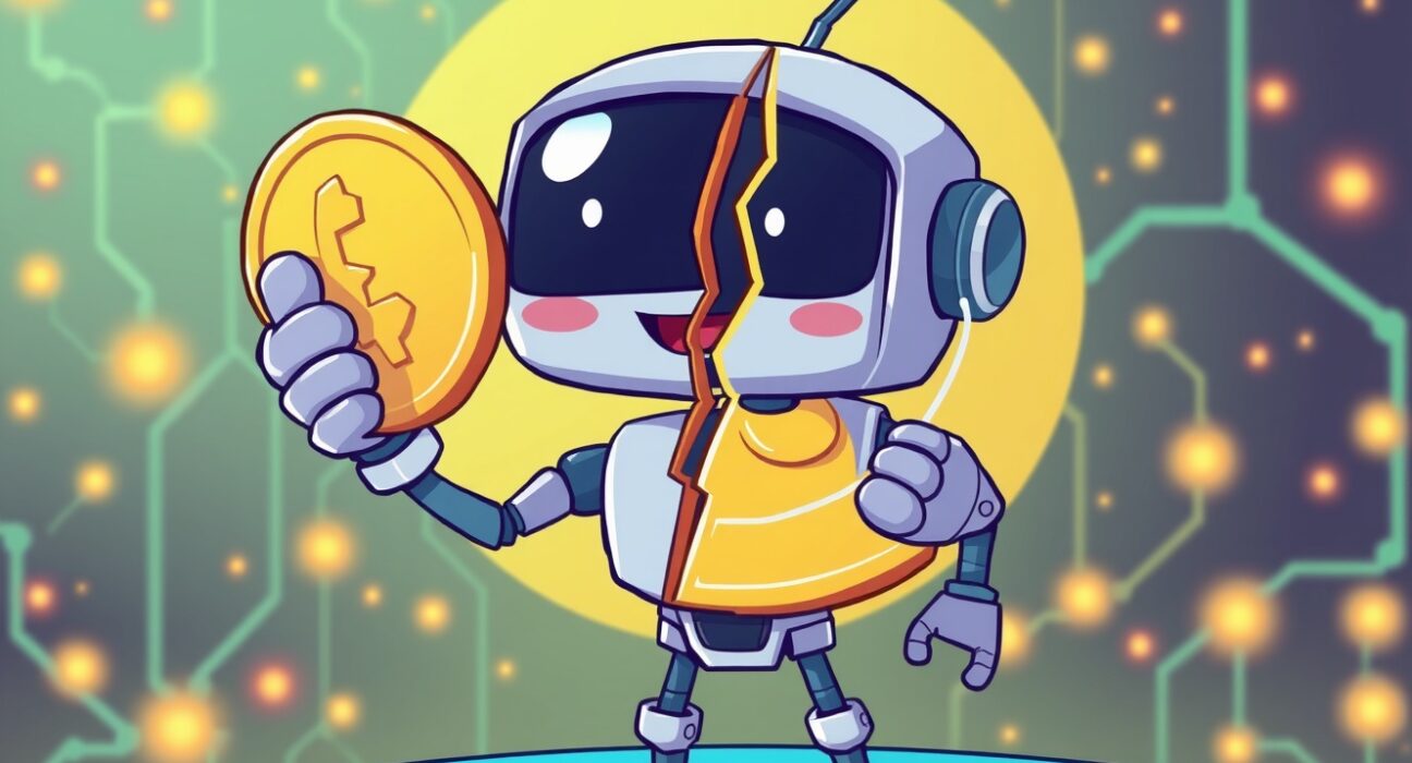 A cartoon robot splitting a Bittensor TAO coin in half, symbolizing the upcoming halving event and reduced supply.