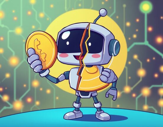 A cartoon robot splitting a Bittensor TAO coin in half, symbolizing the upcoming halving event and reduced supply.