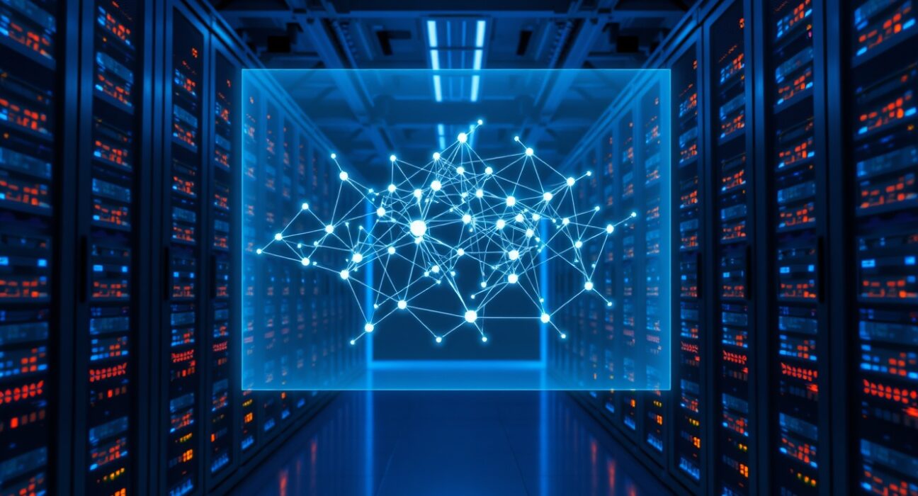 Futuristic data center with a holographic neural network representing Bittensor's decentralized AI platform.