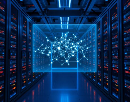 Futuristic data center with a holographic neural network representing Bittensor's decentralized AI platform.