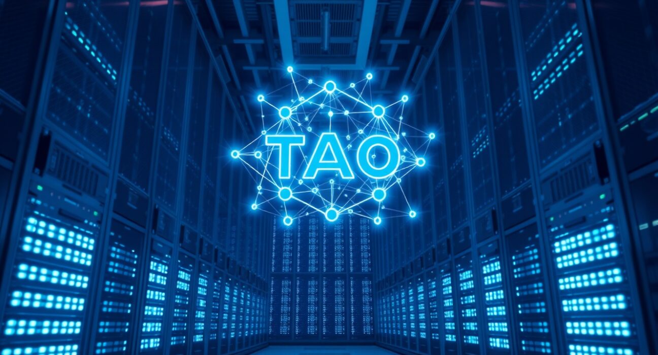 A glowing TAO network symbol inside a modern data center, representing Bittensor's decentralized AI infrastructure.