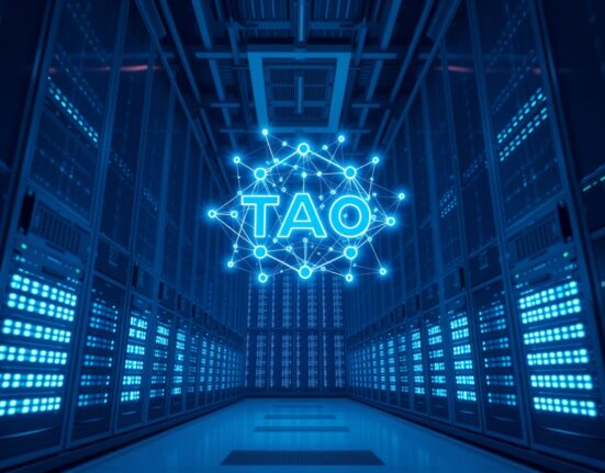 A glowing TAO network symbol inside a modern data center, representing Bittensor's decentralized AI infrastructure.