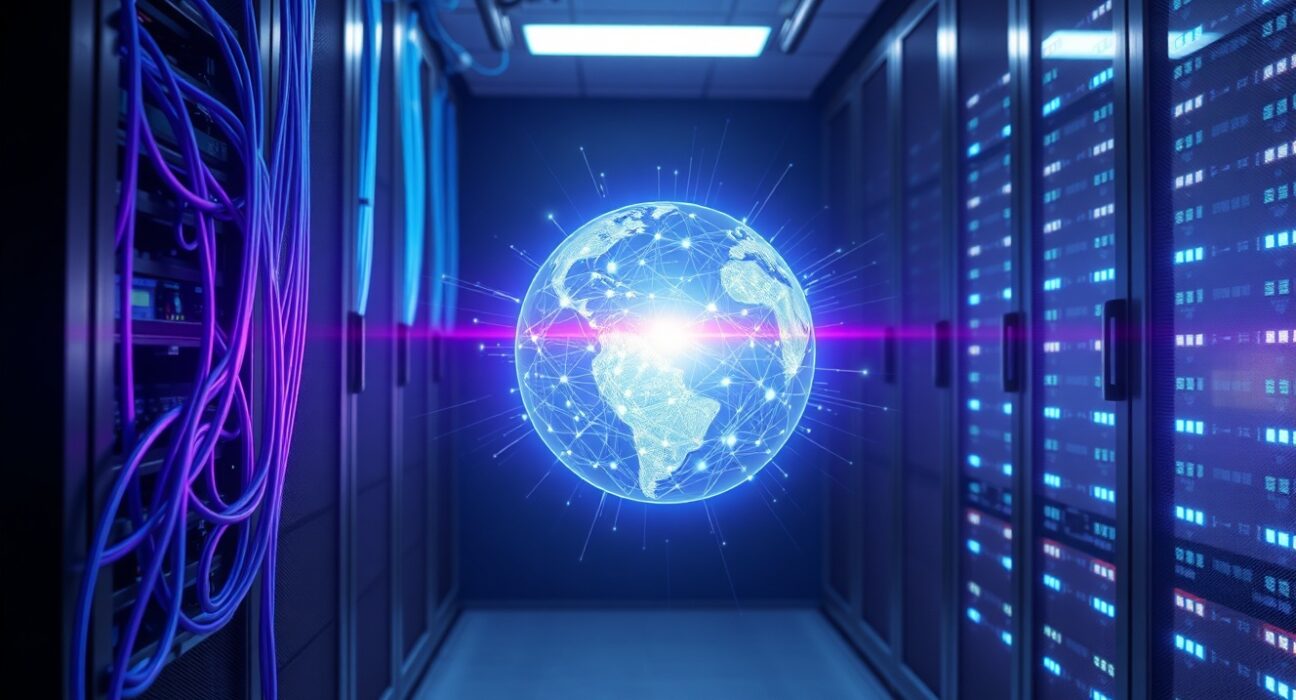 Bittensor TAO price prediction: futuristic data center with holographic AI network representing the decentralized machine learning protocol