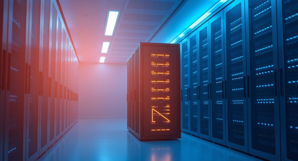Illuminated server rack in a modern data center representing Bittensor's decentralized AI network.
