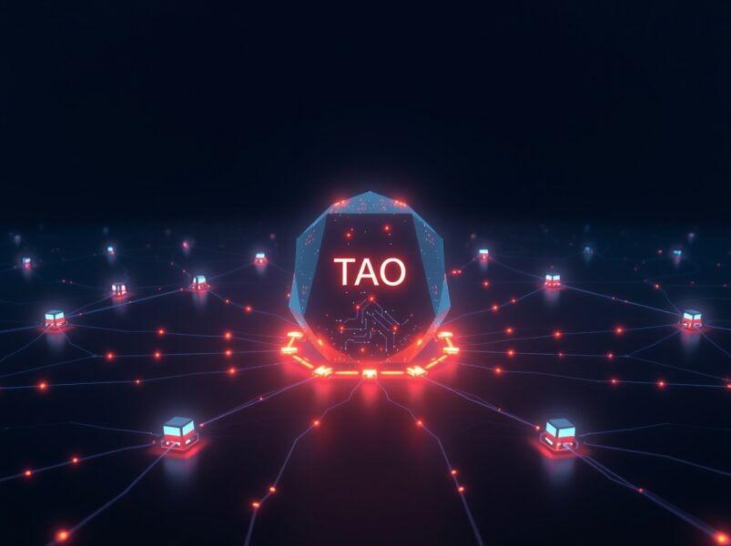 Bittensor (TAO) price prediction 2026-2030: a decentralized AI network of glowing nodes representing the TAO cryptocurrency ecosystem.
