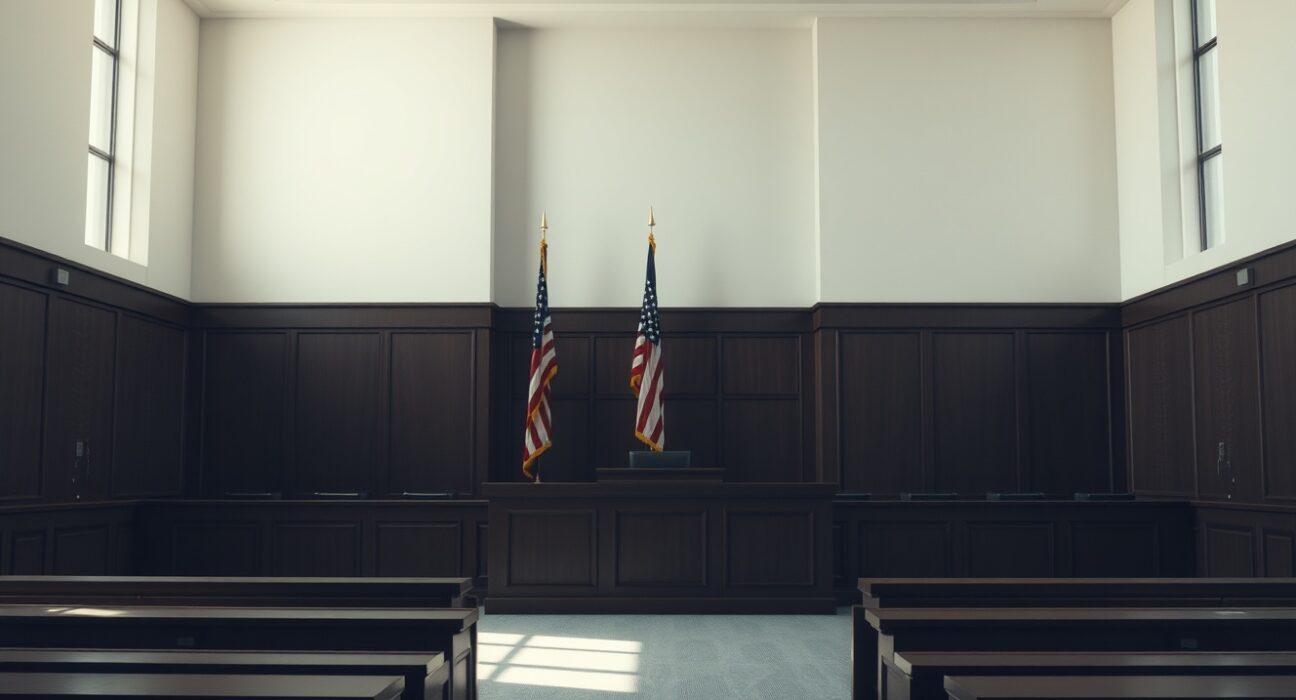 Empty courtroom with judge's bench and American flag, symbolizing legal proceedings in the Bittrex SEC case.