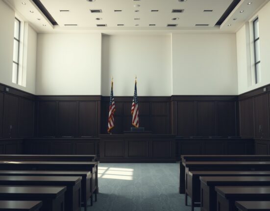 Empty courtroom with judge's bench and American flag, symbolizing legal proceedings in the Bittrex SEC case.