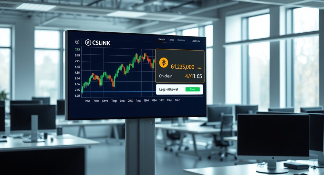 Bitvavo cryptocurrency exchange office with digital screen showing a large Chainlink withdrawal transaction