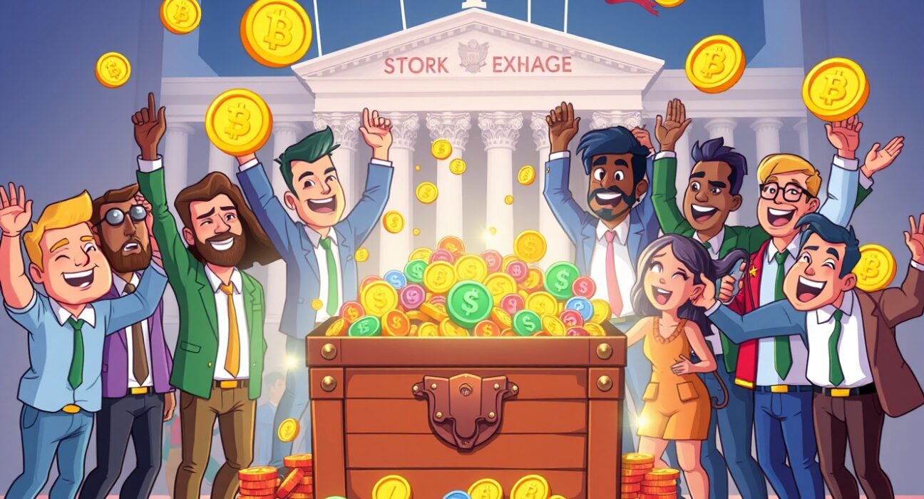 Bitwise 10 Crypto Index ETF approval celebration with diverse investors and cryptocurrency coins