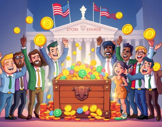 Bitwise 10 Crypto Index ETF approval celebration with diverse investors and cryptocurrency coins