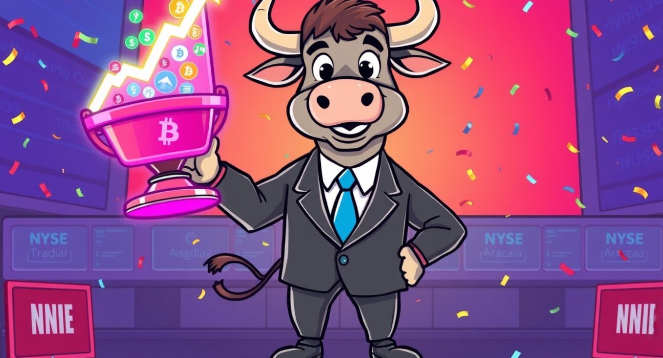 A triumphant cartoon bull celebrating the launch of the Bitwise 10 Crypto Index Fund on the NYSE Arca exchange.