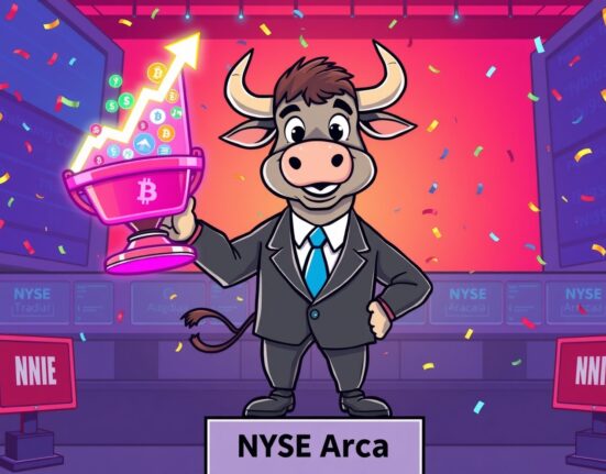 A triumphant cartoon bull celebrating the launch of the Bitwise 10 Crypto Index Fund on the NYSE Arca exchange.