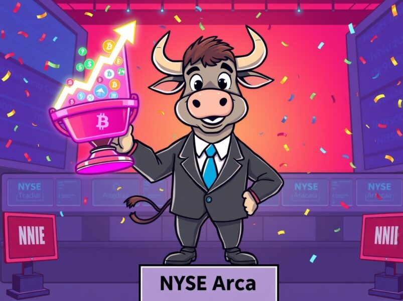Banteng kartun yang merayakan peluncuran Bitwise 10 Crypto Index Fund di bursa NYSE Arca.