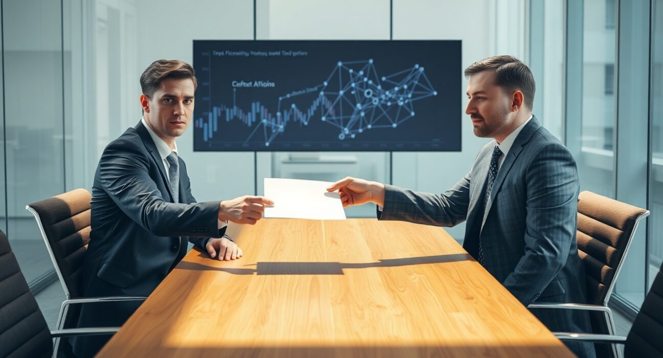 Business professionals in a modern office meeting, representing the acquisition of a crypto fund.