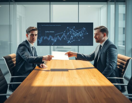 Business professionals in a modern office meeting, representing the acquisition of a crypto fund.