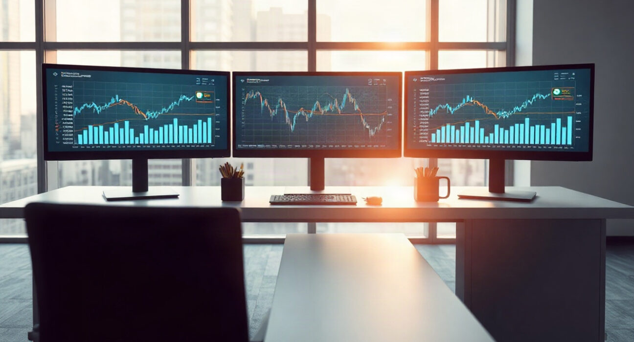 Modern trading desk with monitors displaying digital token charts, representing automated token portfolios
